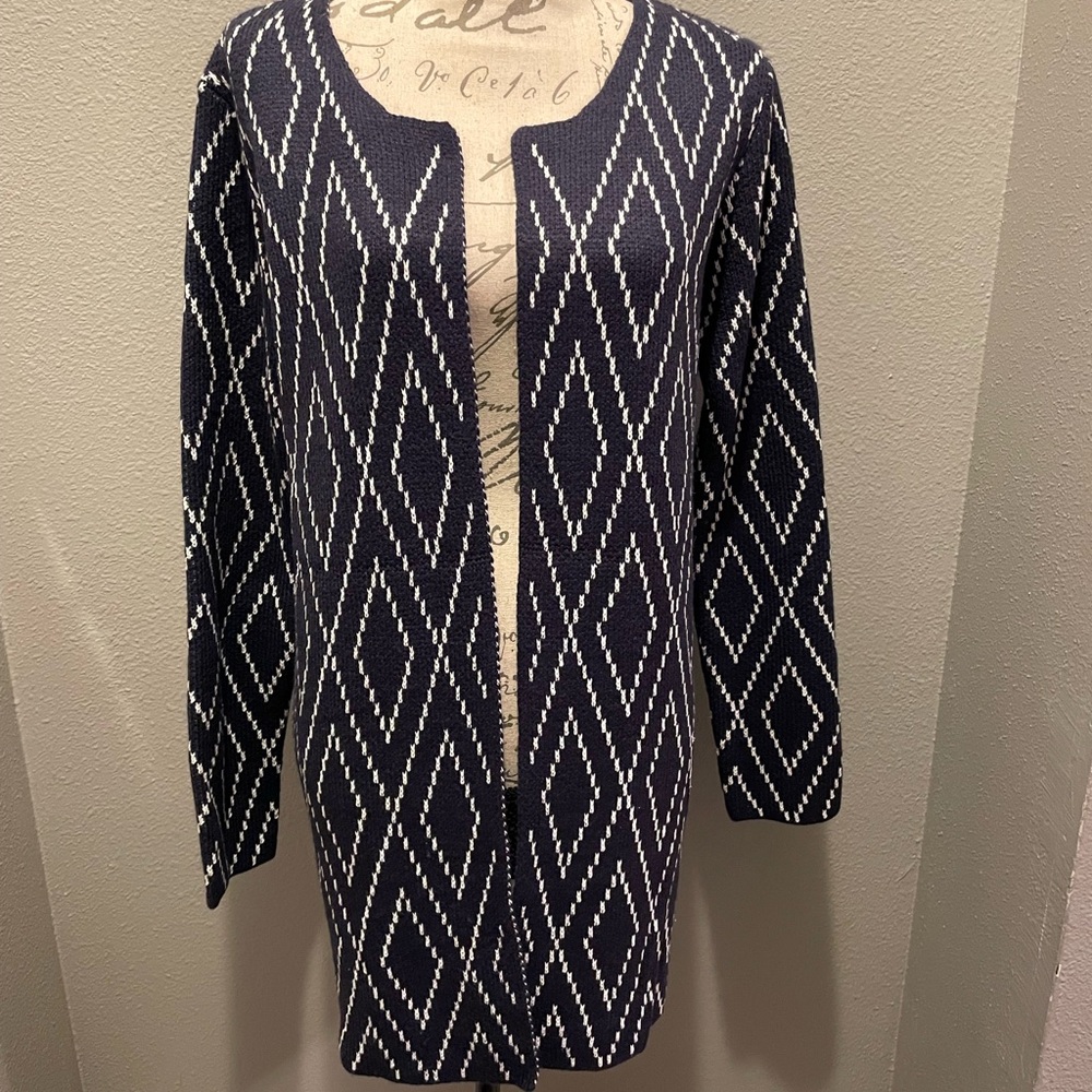Navy and White Geometric Cardigan